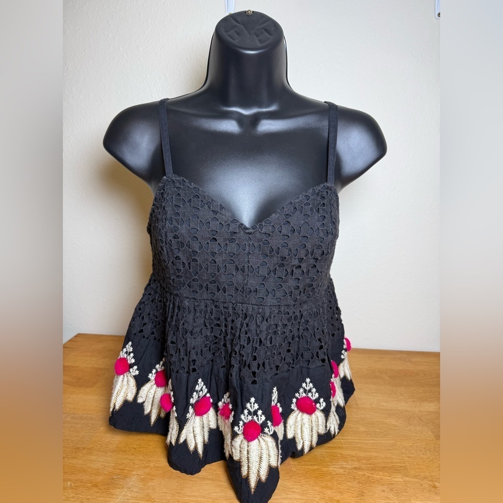 Anthropologie Sz 4 Catrina Cami Top Black Embroidered Boho Festival Western